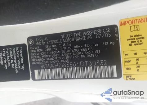 2006 BMW 750Li from USA, damaged, VIN WBAHN83566DT30332